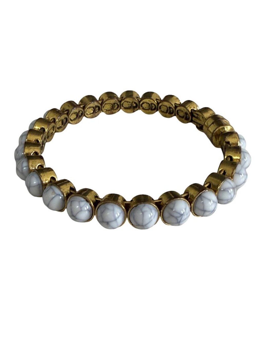 Plunder Design White Marbled Cabochon Gold Tone Stretch Bracelet Signed